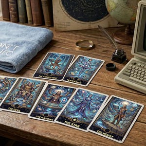 May include: A still life featuring tarot cards, a towel with "DON'T PANIC" embroidered on it, and a vintage computer displaying text. The tarot cards depict various figures and symbols. A magnifying glass and books are also present.