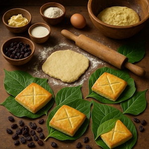 Peut inclure: Nature morte culinaire avec des ingrédients de boulangerie et des pâtisseries. Des bols en bois contiennent du beurre, de la farine et des raisins secs. Un rouleau à pâtisserie, de la pâte et des carrés cuits avec des coupes en forme de croix reposent sur une surface en bois.
