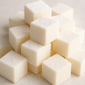 May include: A pile of white, square marshmallows, stacked in a pyramid shape.