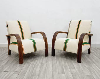Walnut & Wool Armchair Set: Mid-Century Modern Lounge Chairs