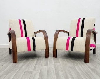 Set of 2 Handmade Walnut Armchairs: Vintage Kilim Wool Rug