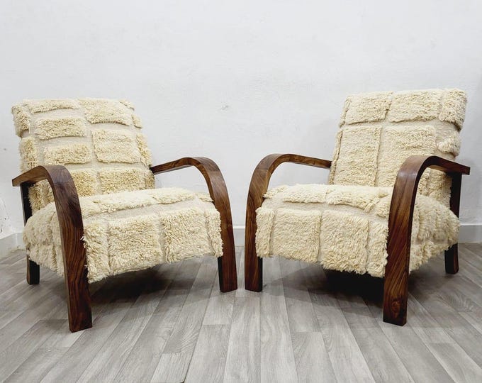 Featured listing image: set of two mid century modern armchairs -  walnut farme and wool rug armchairs for living room - handmade chairs - cozy reading chair
