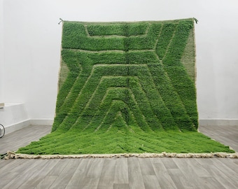 May include: A large, rectangular green rug with a geometric design. The rug features a textured, shaggy pile and a light beige border. The design includes a series of angled lines and shapes, creating a modern aesthetic. The rug is displayed against a white wall.