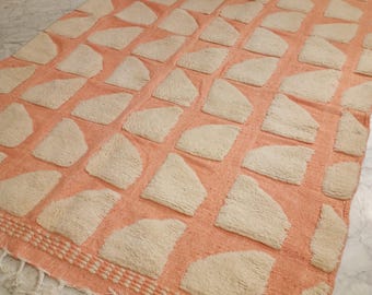 Handmade Peach Moroccan Wool Rug | Berber Geometric Carpet with Fringe