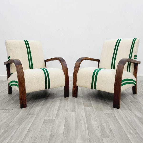 Conjunto de 2 poltronas de nogueira e lã: poltronas modernas de meados do século