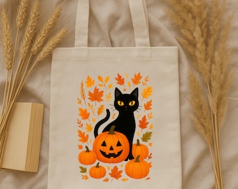 Schwarze Katze Kürbis Halloween Einkaufstasche: Umweltfreundliche Baumwolle