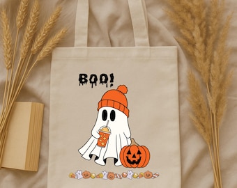 Spooky Ghost Halloween Tote Bag: Eco-Friendly Cotton Canvas