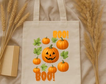 Bolsa de calabaza para Halloween: lona de algodón ecológica, diseño "¡Buu!"