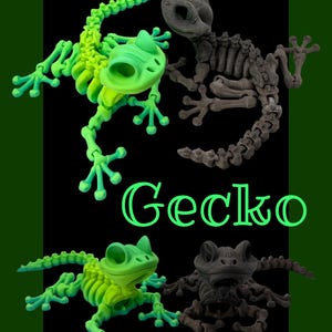 May include: A vibrant image showcases two green and two gray gecko skeleton models against a black backdrop, with the word "Gecko" in green. The geckos are posed in different positions, highlighting their skeletal structure.