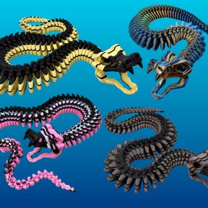 May include: Four articulated snake toys in various colors. One is black and yellow, another is blue and bronze, a third is pink and white, and the last is gray and black. Each snake has a detailed head and body.
