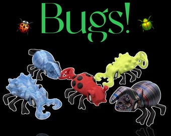 Peut inclure: Plusieurs figurines de bugs colorées sur fond noir. Les insectes sont bleus, rouges, jaunes et multicolores, avec des pattes et des antennes détaillées. Le mot "Bugs!" est écrit en vert.