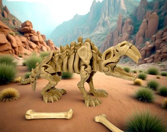 Peut inclure: Un modèle imprimé en 3D de couleur beige représentant un squelette de tigre à dents de sabre, avec deux modèles d'os sur une surface sablonneuse. Le fond présente un paysage désertique avec des montagnes et une végétation clairsemée.