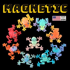 May include: A collection of colorful, articulated frog toys in various shades of red, orange, yellow, green, blue, and purple. The word "MAGNETIC" is displayed in yellow block letters above the frogs. The phrase "MADE IN THE USA" is also visible.