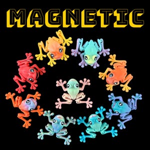 May include: A collection of colorful, articulated frog toys arranged in a circle on a black background. The frogs are in various colors, including red, orange, yellow, green, and blue. The word "MAGNETIC" is displayed in yellow block letters above the frogs.