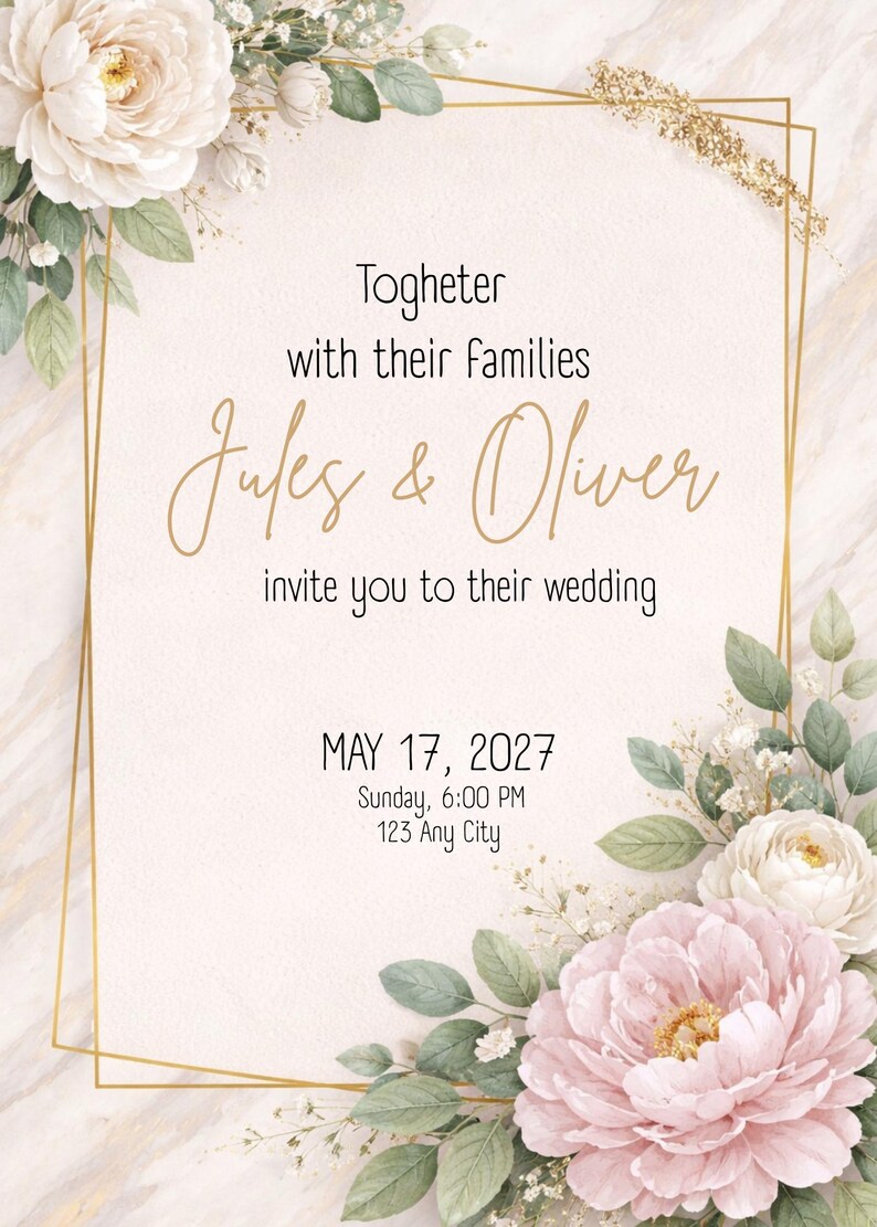 Editable Wedding Invitation Template | Floral Gold Wedding Invite ...