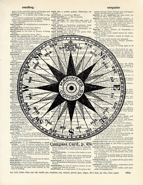 Items similar to Compass Card 13x19 LARGE Archival DICTIONARY Art