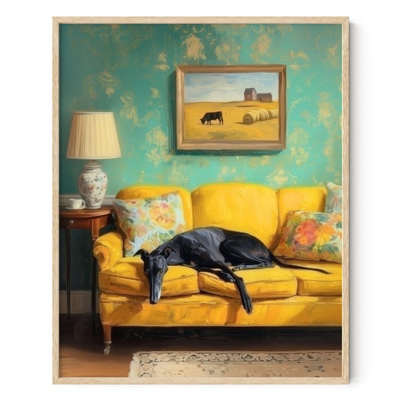 Greyhound Art Print: Black Dog, Vintage Sofa, Whimsical Pet Poster, Cozy Dog Decor Gift (Digital Download)