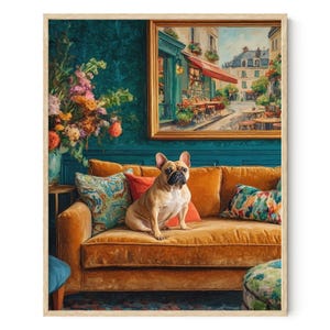 Op de afbeelding: Een ingelijste kunstdruk met een bruine Franse bulldog op een mosterdkleurige fluwelen bank met kussens met patronen. Een schilderij van een Parijse straatscène hangt erboven. De achtergrond is teal.