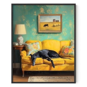 Greyhound Art Print: Black Dog, Vintage Sofa, Whimsical Pet Poster, Cozy Dog Decor Gift (Digital Download) Bild 2