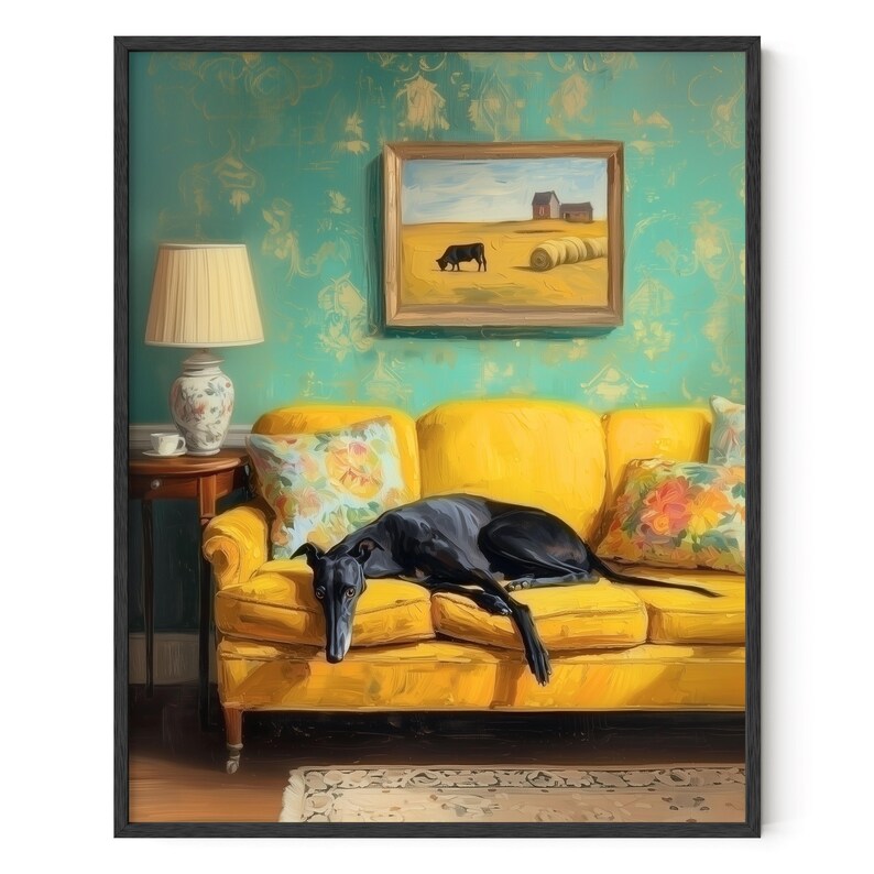 Greyhound Art Print: Black Dog, Vintage Sofa, Whimsical Pet Poster, Cozy Dog Decor Gift (Digital Download) Bild 2