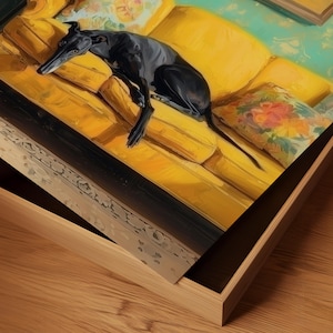 Greyhound Art Print: Black Dog, Vintage Sofa, Whimsical Pet Poster, Cozy Dog Decor Gift (Digital Download) Bild 3
