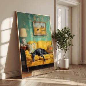 Greyhound Art Print: Black Dog, Vintage Sofa, Whimsical Pet Poster, Cozy Dog Decor Gift (Digital Download) Bild 8