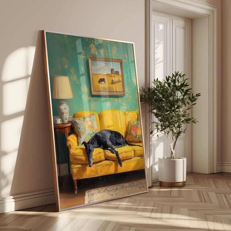 Greyhound Art Print: Black Dog, Vintage Sofa, Whimsical Pet Poster, Cozy Dog Decor Gift (Digital Download) Bild 8