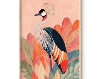 Crowned Crane Art Print: Colorful Bird, Boho Jungle Illustration (Digital Download)