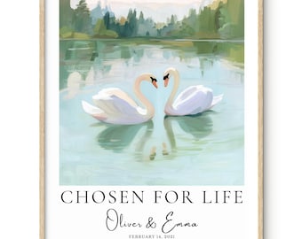 Personalized Swan Couple Print: Romantic Wedding or Anniversary Gift