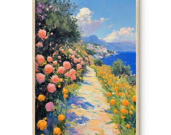 Mediterranean Coastal Garden Art Print: Seaside Floral Wall Art (Digital Download)