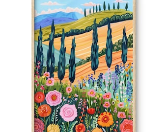 Colorful Tuscan Landscape Art Print: Cypress & Wildflowers Wall Art (Digital Download)