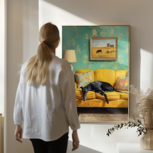 Greyhound Art Print: Black Dog, Vintage Sofa, Whimsical Pet Poster, Cozy Dog Decor Gift (Digital Download) Bild 9
