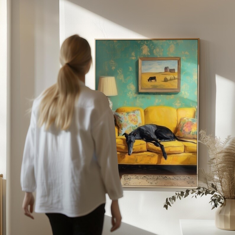 Greyhound Art Print: Black Dog, Vintage Sofa, Whimsical Pet Poster, Cozy Dog Decor Gift (Digital Download) Bild 9