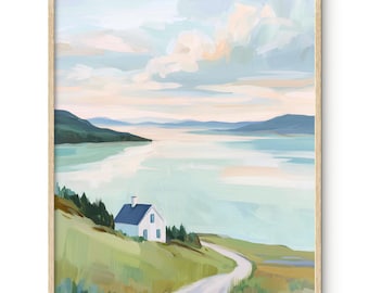 Pastel Lake Landscape Painting: Minimalist Lake House Art Print, Calm Nature Poster