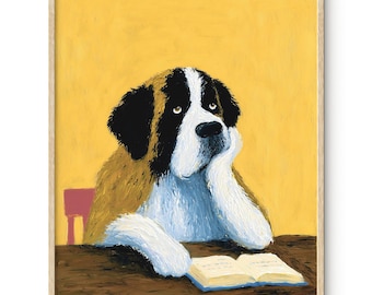 Whimsical Dog Art Print: Reading Dog, Playful Animal Illustration, Modern Home Decor, Colorful Dog Painting