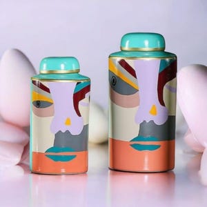 Abstract Face Art Cylinder Vase, Colorful Ceramic Jar, Hand Painted Decorative Vase, Modern Boho Home Decor, Large and Small Sizes