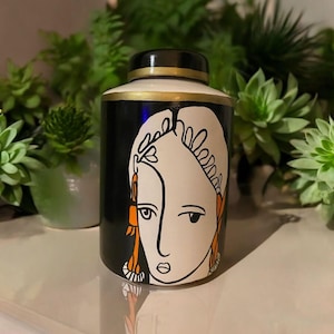 Black Ceramic Cylinder Vase – Handmade Decorative Vase with Woman Figure, Modern Minimalist Home Decor
