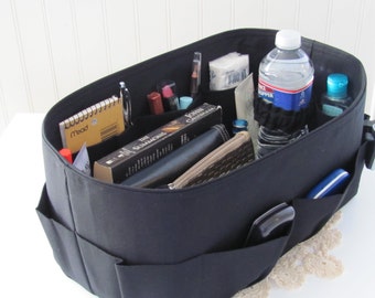 TALL Purse Insert ORGANIZER  Shaper Black Canvas w/ Vinyl Bottom, Bottle Straps, Inside & Outside pockets ..  ...6 Tall sizes available