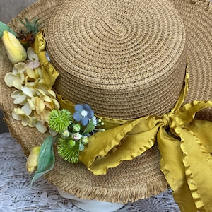 Lolita Straw Sun Hat Women - Wide Brim Floral Beach Hat for Summer, UPF 50+ Face Slimming Boho Vintage Sun Protection Bonnet in Beige Khaki