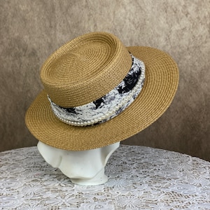 French Flat Top Straw Hat - Wide Brim Sun Hat for Women, Elegant Beach Vacation Hat with UPF Protection, Gift for Mom, Adjustable hat