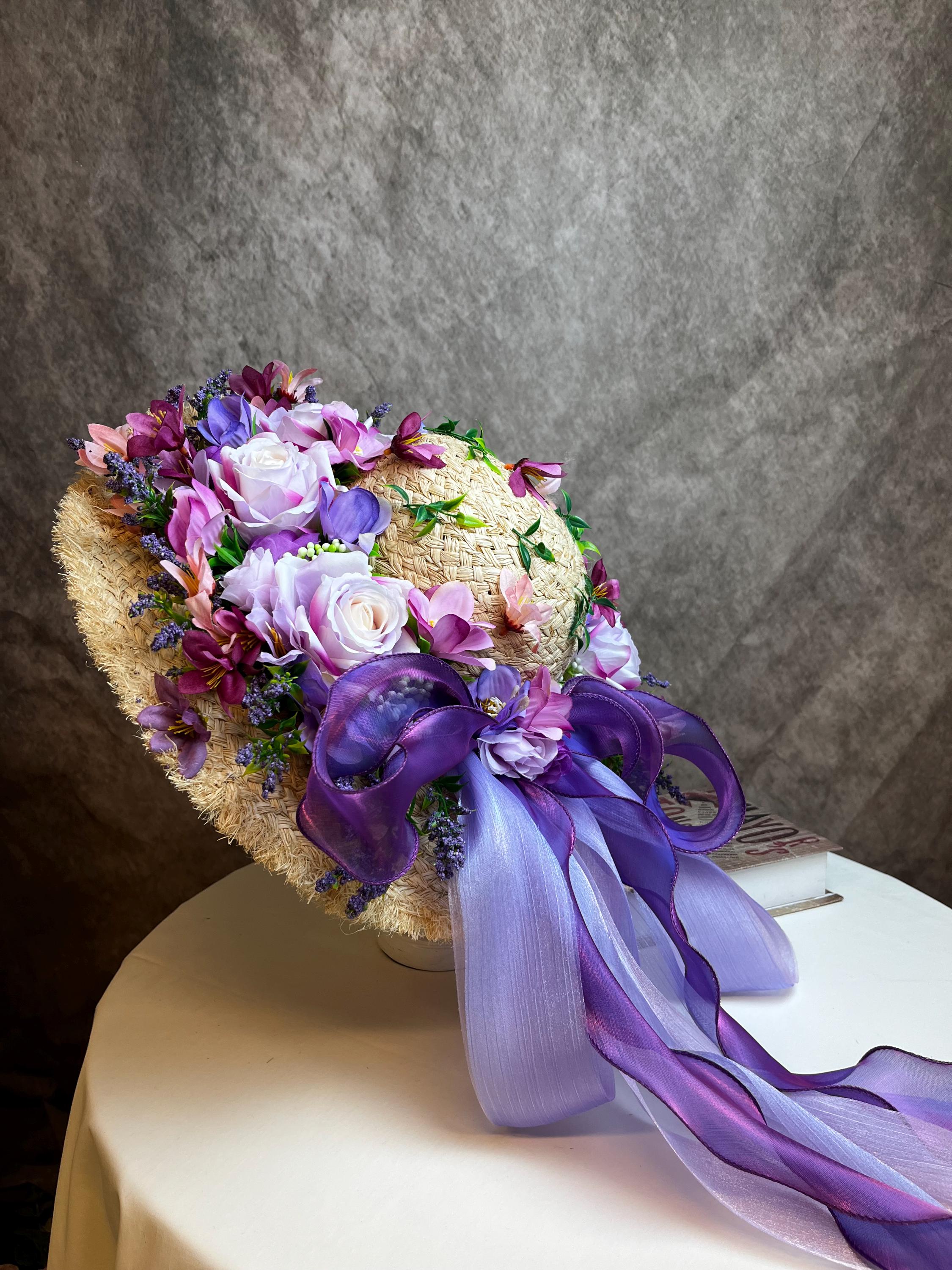 Purple Floral Raffia Sun Hat, Handwoven Wide Brim Straw Hat  display picture 1