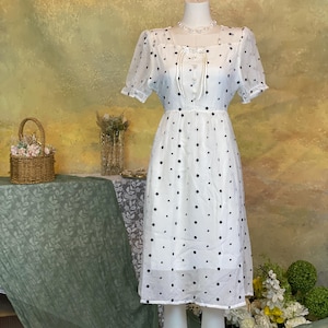 French Polka Dot Dress - Elegant Plus Size Maxi Dress with Belt, Flowy Chiffon Goddess Gown, Vintage Inspired Tea Length Lady Dress