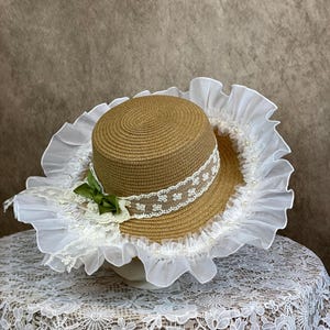 Lolita Bow Straw Hat Oversized Lace Ribbon Sun Hat for Women, Sweet Vintage Style Summer Beach Hat, Vacation Hat, Handmade hat, Gift for Mom