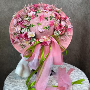 Pink Mountain Rose Embroidered Straw Beach Hat Handmade 3D Floral Wide Brim Sun Hat for Women Summer Vacation Photography Accessory