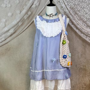 Vestido midi de cuadros azules y amarillos con letras Love, con ribete de encaje y lazo, de mezcla de algodón para verano, estilo bohemio vintage.