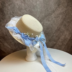 Gingham Lolita Straw Hat - Japanese Style Sun Hat, Cute Blue Bow Tie for Kawaii Fashion & Photoshoots, A gift for a close female friend