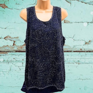 Dazzling Vintage Sudi Designs Navy Blue Beaded & Sequin Vest Blouse - Shimmering Silk Evening Top - Glamorous Tank Top Ladies 16 UK