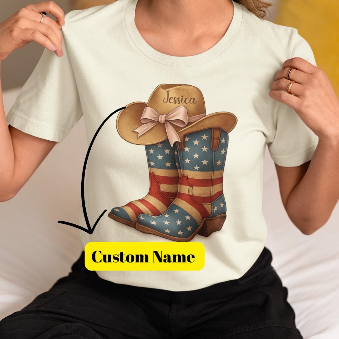 Gift for Her / Custom Cowgirl USA Shirt | Patriotic Cowboy Boots & Hat Tee | Western American Pride T-Shirt | Country Girl Name Tee