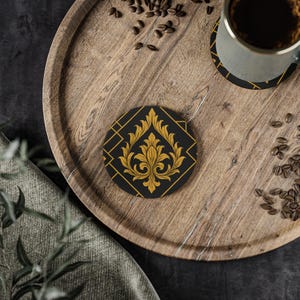 Elegant Floral Coasters, Vintage Style Drink Coasters, Luxurious Home Decor, Black and Gold Design, Perfect for Weddings and Housewarming