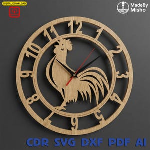 May include: A wooden wall clock featuring a rooster design. The clock has a circular frame with cut-out numbers and a rooster silhouette in the center. The clock hands are black with a red second hand. The clock is labeled "MadeBy Misho".